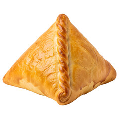 Delicious samsa puff pastry triangular baked savory snack food photography for recipe blog and restaurant menu on transparent background