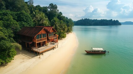 Fototapeta premium Tropical island beach view with a house and traditional wooden boat near