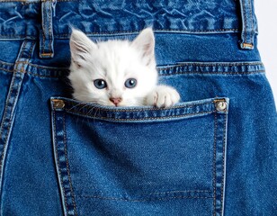 Cute white kitten peeking from jeans pocket