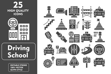 Driving School Glyph Icon Set. Incleded Icons Gear, Seat Belt, Lane, Steering Wheel, Wheel Pressure, Driving License, Smooth Road, One Way. Vector Icons Collection