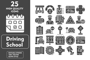 Driving School Glyph Icon Set. Incleded Icons Car Pedals, Risk, Automatic Transmission, Dashboard, Road, Rearview, Driver, Testing. Vector Icons Collection