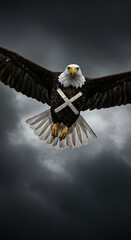Eagle flying with white cross on chest against dark cloudy sky