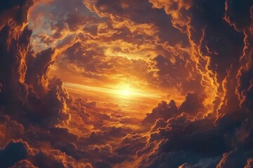 Timelapse of rolling clouds over open sky with stunning orange glare at sunset, Timelapse of rolling clouds in open sky, orange glare while sun paints the sky