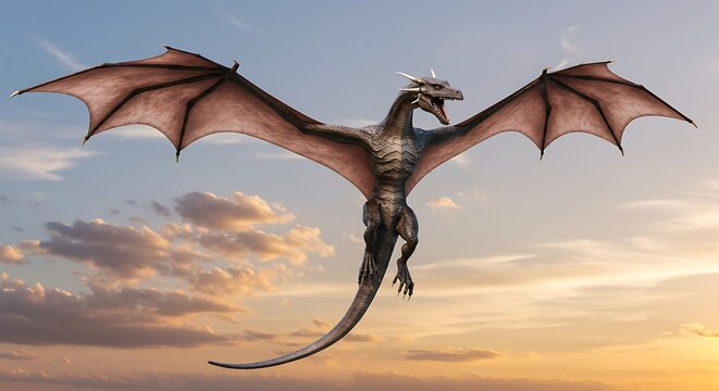 Dragon Flying Against Sunset Sky with Open Wings