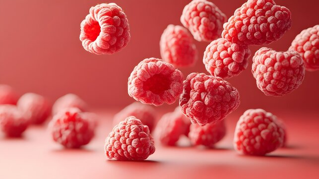 Frozen Raspberries Falling Red Background Food Photography