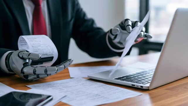 Robot hands holding receipts while working on a laptop at a modern office desk with documents scattered