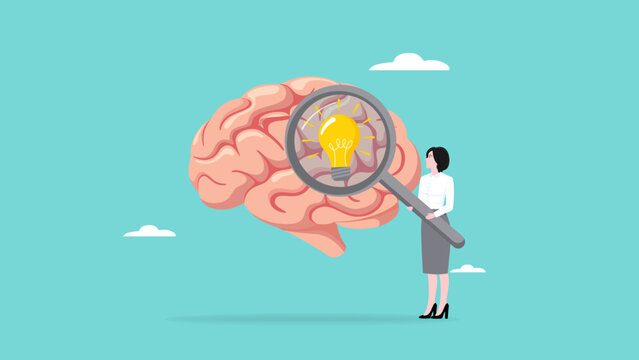 brain searching idea, looking for new business strategies or opportunities, finding solution to a problem concept, businesswoman looking for light bulb idea from human brain using magnifying glass