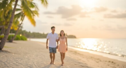 Romantic beach stroll at sunset Couple walks hand-in-hand along the sandy shore, palm trees framing a beautiful evening