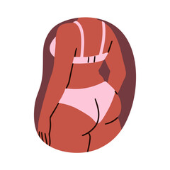 Female body in lingerie from behind, back view. Plus-size woman with curvy figure, wearing underwear, bra and panties on buttocks, hips. Flat vector illustration isolated on white background.