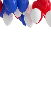 des ballons d'h&eacute;lium bleus, blancs et rouges s'&eacute;levant et se bloquant au plafond - rendu 3D