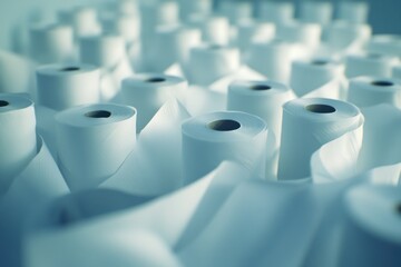 Obraz premium Rows of toilet rolls in a warehouse creating a dynamic perspective of everyday essentials, Many Toilet Rolls Moving Shot
