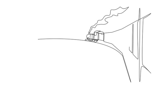 Self drawing animation of single one line drawing the train is seen from behind and is visible to the front. The trip captain supervises the carriage. Smoke. National Train Day. Full length animated