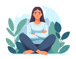 Illustrated Woman Sitting Cross-Legged in Relaxed Pose Surrounded by Lush Greenery and Abstract Background