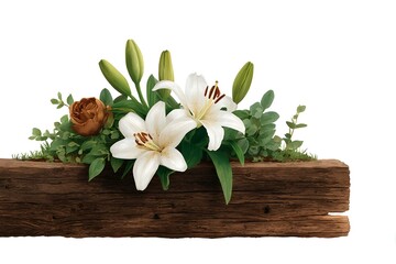 A wooden shelf with a vase of white flowers and a few leaves