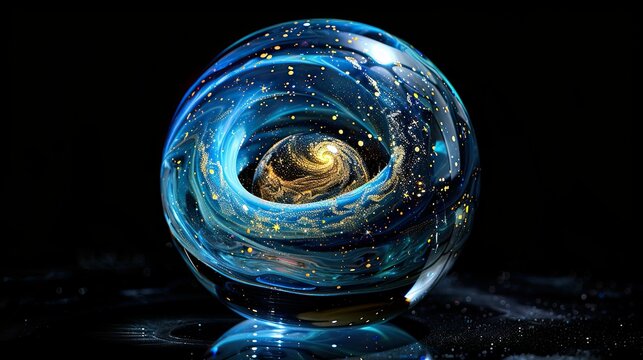 Captivating universe captured within a glass orb featuring swirling colors and stellar sparkle