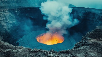 Molten lava erupts from the crater of an active volcano surrounded by rocky cliffs in a hazy atmosphere during daytime