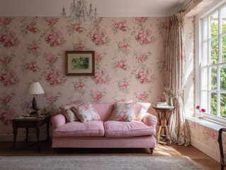 Pink sofa in a room with floral wallpaper.