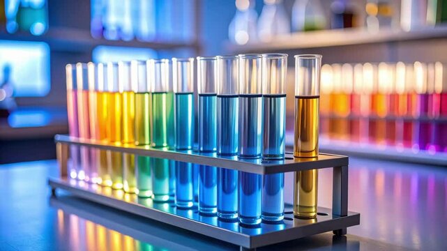 Colorful test tubes in science laboratory learning tools for experiment with vibrant liquid colors arranged in neat row for research and analysis