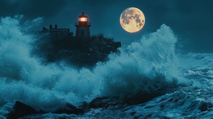 Abandoned Lighthouse Glows Softly Under Full Moonlight Amid Waves