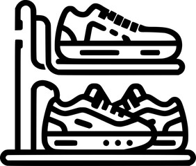 A simple black and white line drawing of two pairs of sneakers on a shoe rack