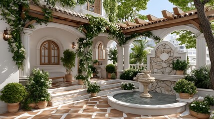 Naklejka premium Elegant greek courtyard with marble columns and fountain high resolution picture