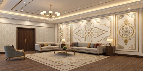Lippan art mandala behind a floating wooden sideboard and white modern accent chairs in a high-ceilinged living space&rdquo;