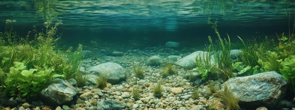 Clear underwater view of rocky riverbed with aquatic plants in tranquil setting surrounded by green foliage