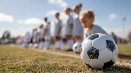 Young soccer players are engaged in practice on a grassy field under a clear blue sky. The focus is on developing their dribbling and passing skills while working in teams