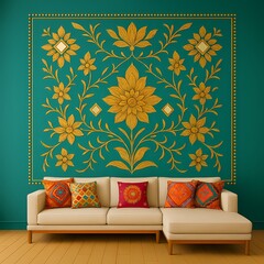 green sofa in a room with a window, seamless pattern with flowers, lippan art, mud art painting for wall art 