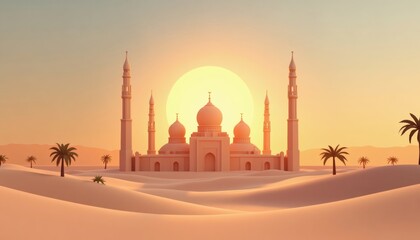 Peach Mosque Silhouette at Sunset in Sandy Desert Landscape