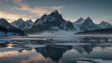Obraz premium Serene Mountain Lake at Dawn Winter Landscape Snow capped Peaks Reflection