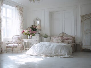A charming bedroom with floral accents and white furniture.