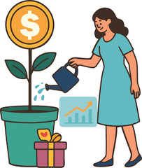 Growing Money Vector Illustration. Woman Watering Dollar Plant.