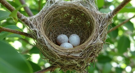Three delicate, pale blue, speckled bird eggs resting securely in a beautifully constructed nest made of fine twigs and grasses, surrounded by green leaves.
