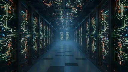 Futuristic data center corridor with illuminated server racks and glowing circuit patterns in background - Powered by Adobe