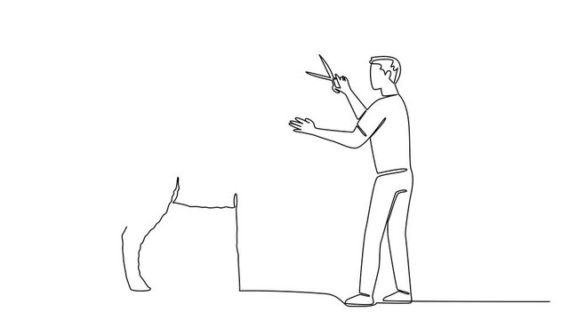 Self drawing animation of single one line drawing a male gardener cuts a tree to shape it into a stag with antlers. The art of playing with animal shapes. AgileWorld Topiary Day. Full length animated