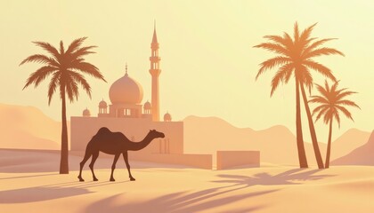 Desert Camel Walking Near Building Silhouette at Sunset with Palm Trees