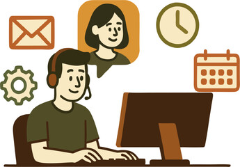 Illustrated worker with headset at desktop computer surrounded by icons