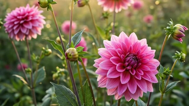 Pink Dahlia Blooms in a Summer Garden at Sunset