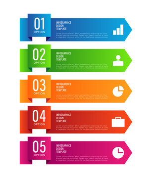 Arrow vertical infographic template. Five steps or options with icons and space for data. Vertical timeline infographic