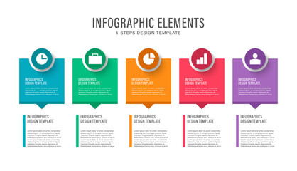 Five steps process infographic vector template. Info graphic design with business icons and place for data