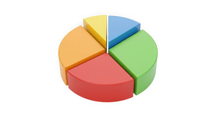 Obraz premium A vibrant 3D pie chart with five colorful segments demonstrating data distribution and business analytics. Ideal for reports, presentations, and statistics.
