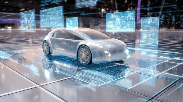 Conceptual transparent electric vehicle standing on a glowing grid with holographic interface and virtual data panels. - Powered by Adobe