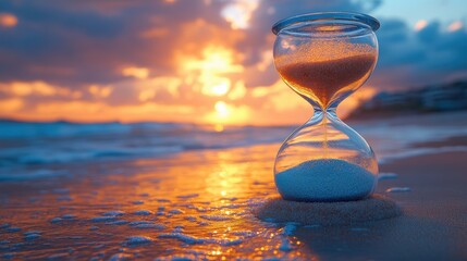 Hourglass at Beach Dawn Transience of Time Serene Seascape Beach Sand Beautiful Sunrise Warmth Time Passage Concept Focus on the Present Moment