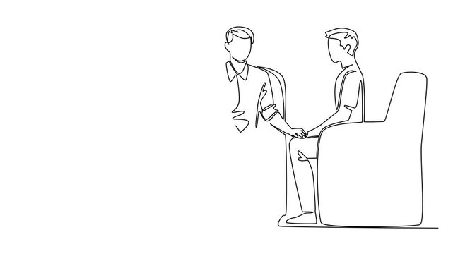 Animated self drawing of continuous one line drawing a man holding a clipboard while holding the hand of a man next to him. National Mental Health Provider Appreciation Day. Full length animation