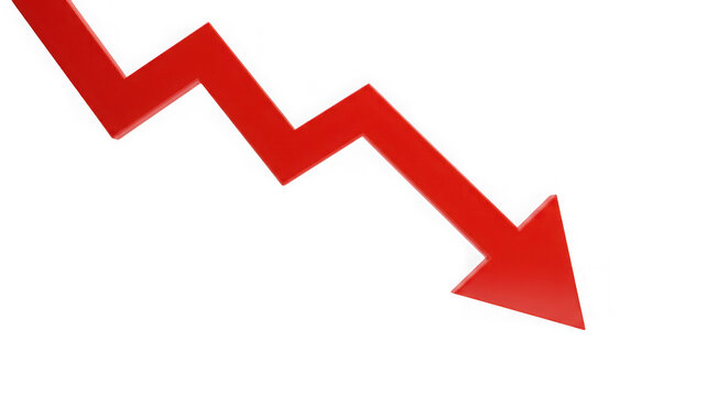 A bold red arrow graph sharply pointing downwards, representing financial loss, decreasing stock prices, or market downturn. Ideal for illustrating economic decline or negative business trends.