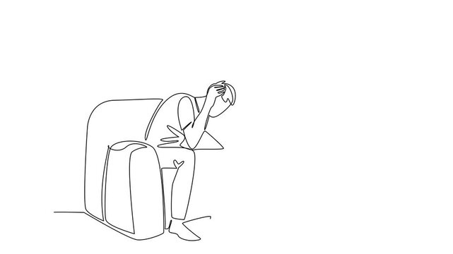 Animation of single one line drawing man sitting on sofa with both hands holding his head. Helps to get out of trouble. National Mental Health Provider Appreciation Day. Full length motion