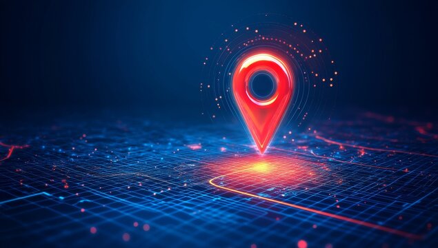 Navigating through a location on a map and pinning it against a blue tone cityscape with network connection, internet of things, and globalization satellite navigation system