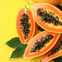 Vibrant, Ripe Papaya Halves with Black Seeds on a Yellow Background Tropical Fruit Delight