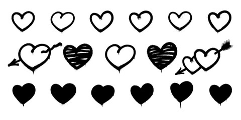 Big set of sprayed graffiti hearts in black on white. Vector illustration